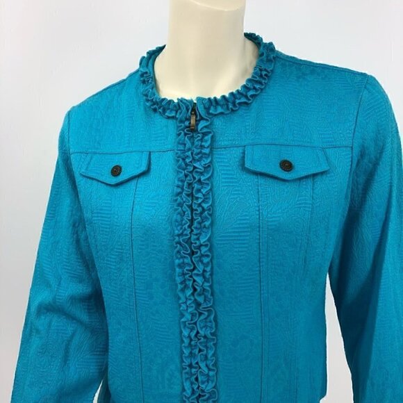 Ruby Rd Women's 12 Teal Ruffled Long Sleeve Jacket - Picture 2 of 16